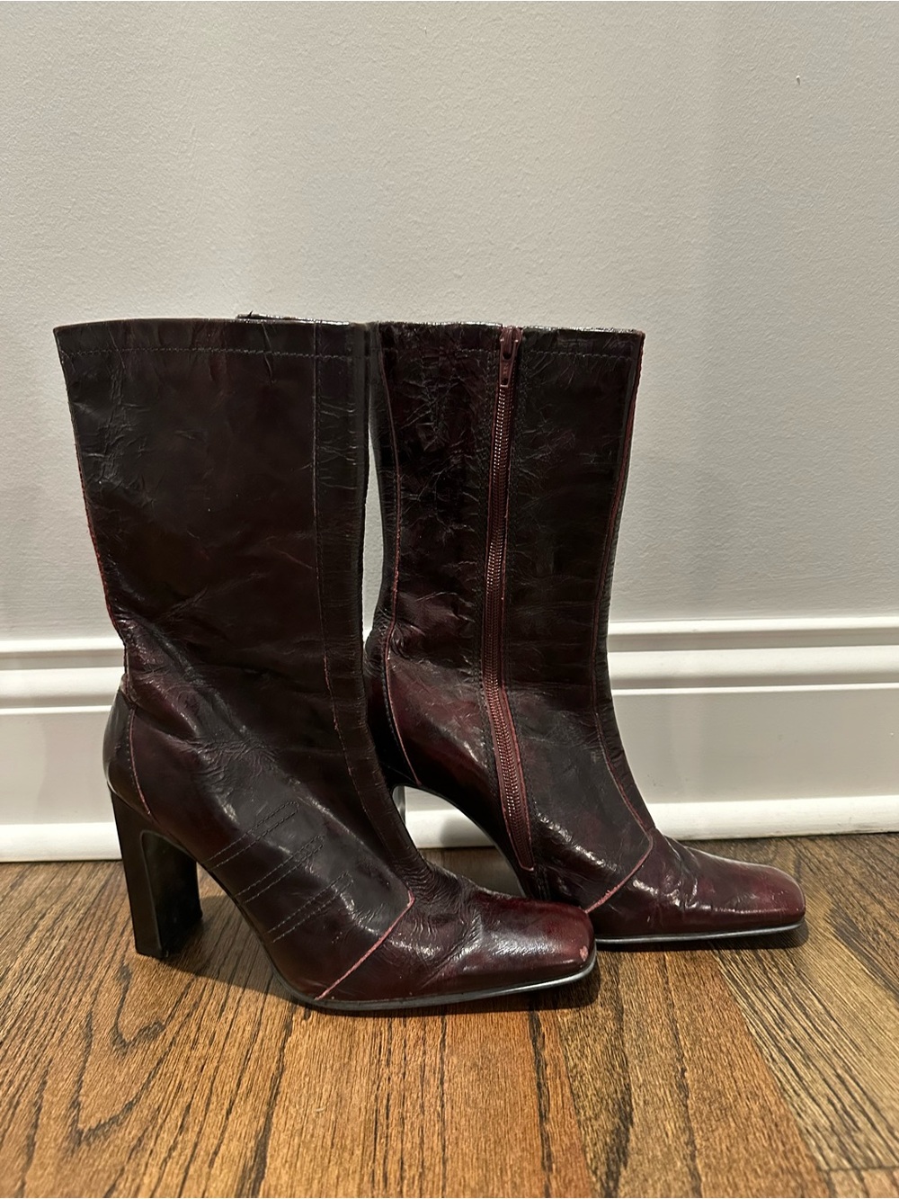 Steve Madden Women's Burgundy Mid-Calf Leather Heeled Boots